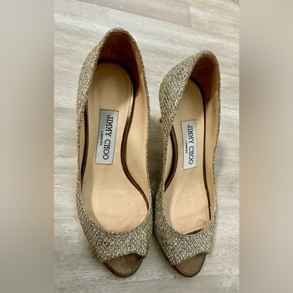 Jimmy Choo Open Toe Champagne Metallic Silver Heels Sz 34 - Picture 3 of 12